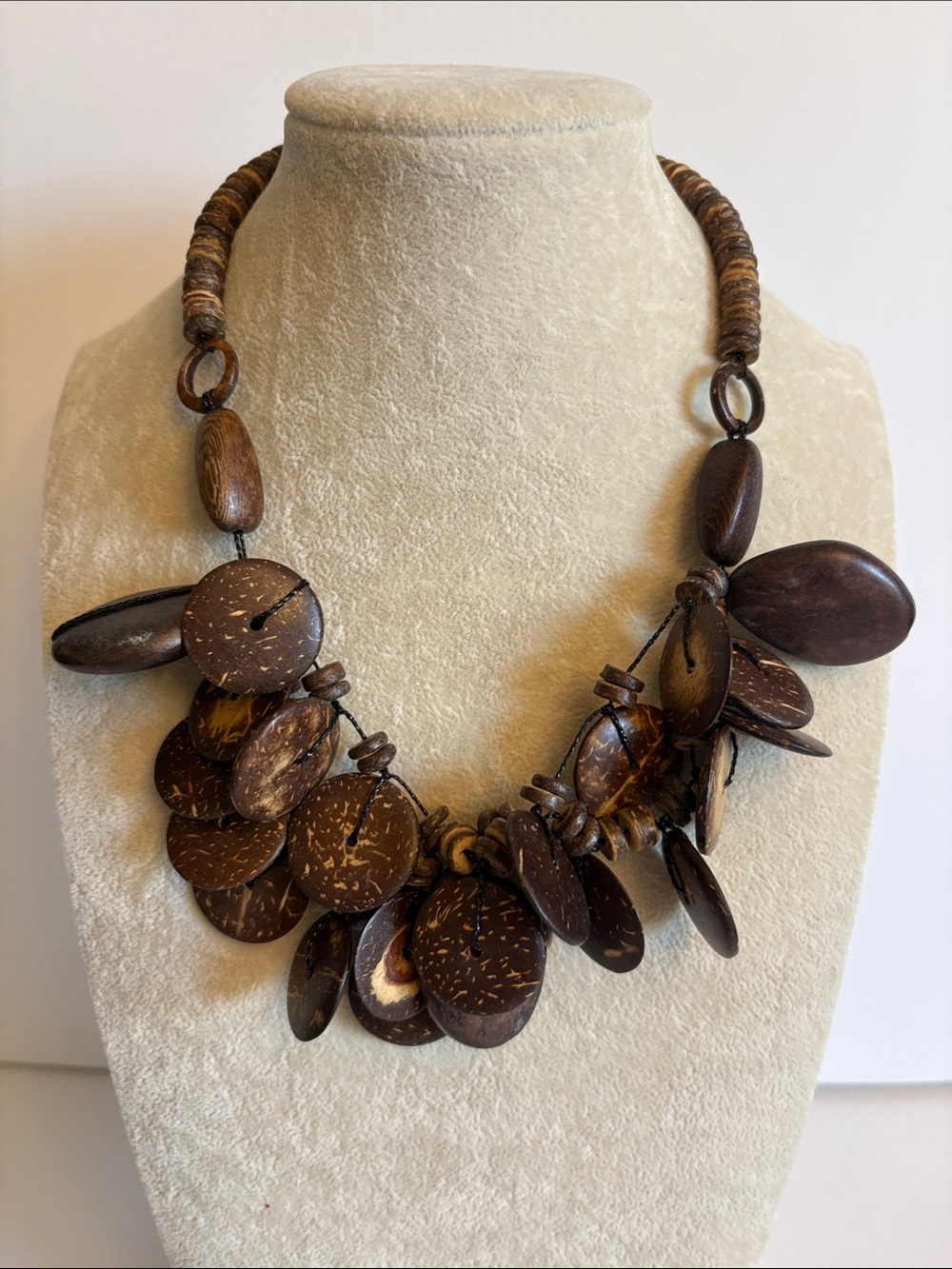 Boho Coconut Shell Necklace Brown Wood Statement Natural Bead 16”